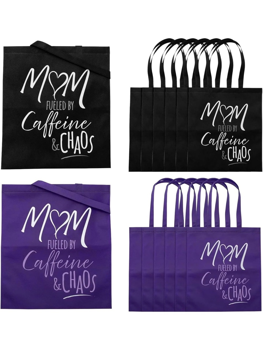 Mom Fueled by Caffeine & Chaos Tote Bag – Black and Purple 12 Pack